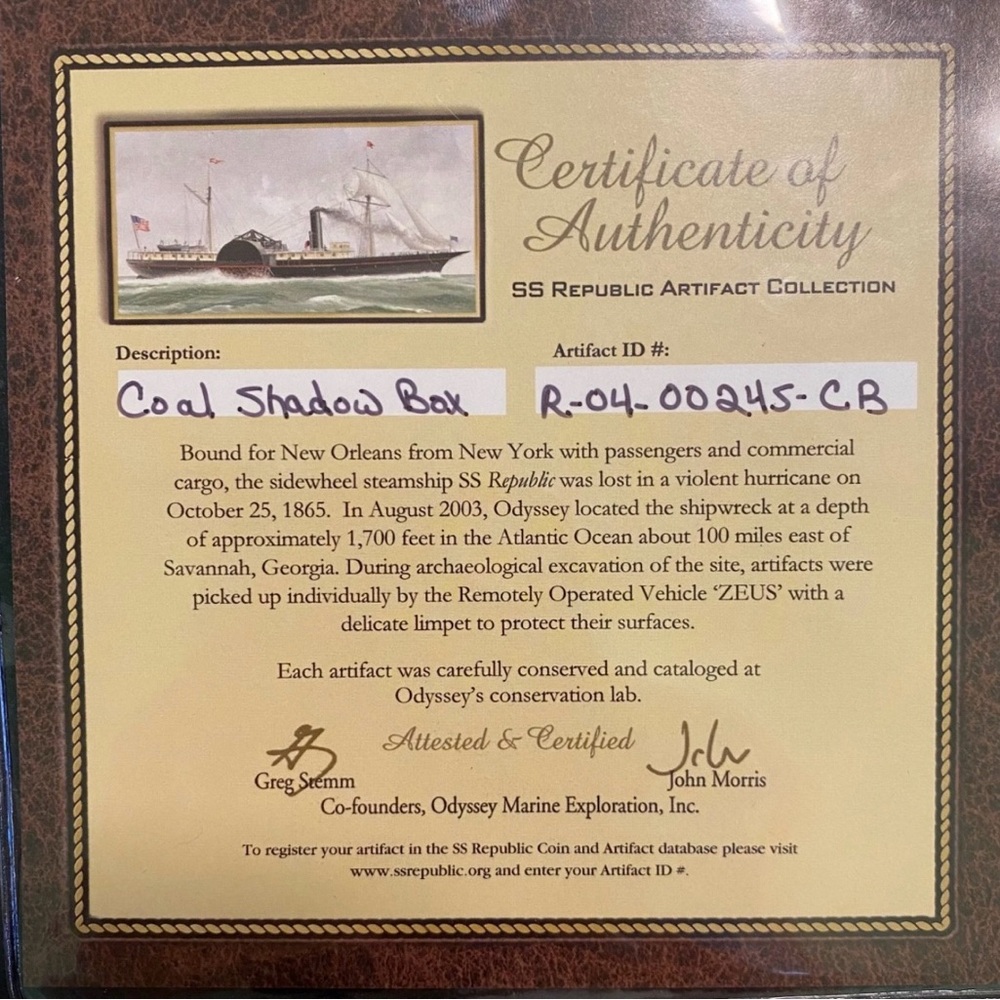 Rare SS Republic Shipwreck Relic 1865 Textile Shadow Box w COA Collectors Bundle - Picture 3 of 8